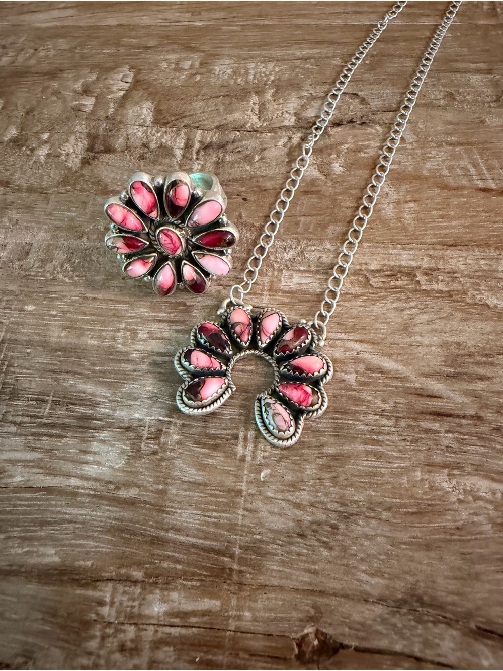 Rose Dahlia Necklace and Ring Set 925 Sterling Silver
